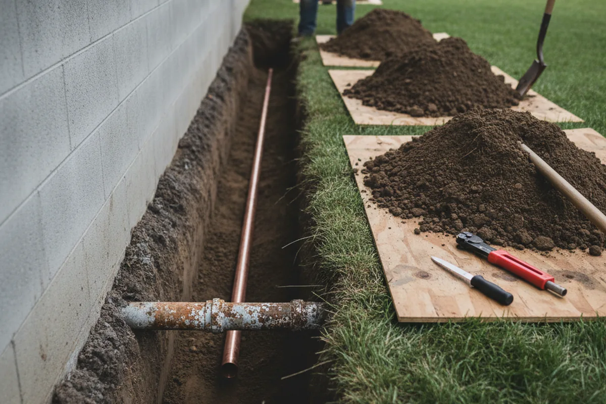 Excavated water line trench during Water Softener Installation in Munnsville